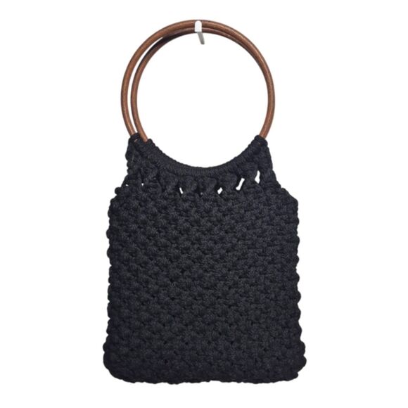 Vintage 60s 70s Black Macrame Woven Wood Handle Bag - Picture 2 of 5